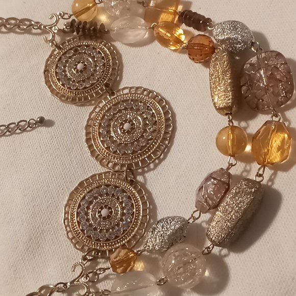 Layered Statement necklace gold tone crystals and beaded 16 -18- 20 + 4 in. - Picture 2 of 6